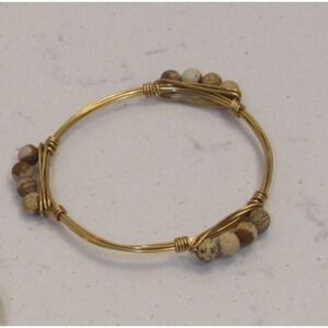 Gold Tone Wire Wrapped Bead Bangle Bracelet Handmade Earthy Boho Chic 7 Inch